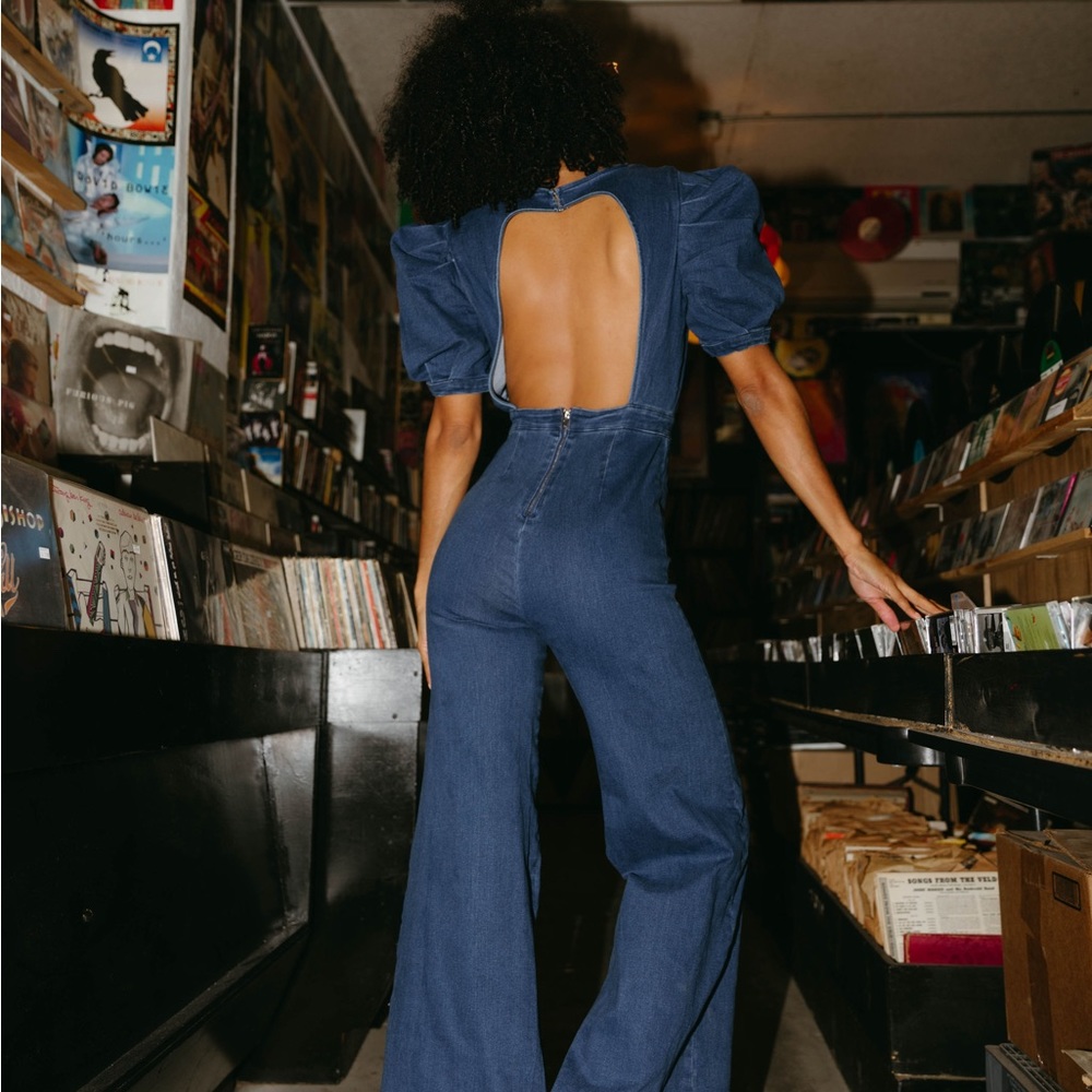 One piece Denim jumpsuit with open back